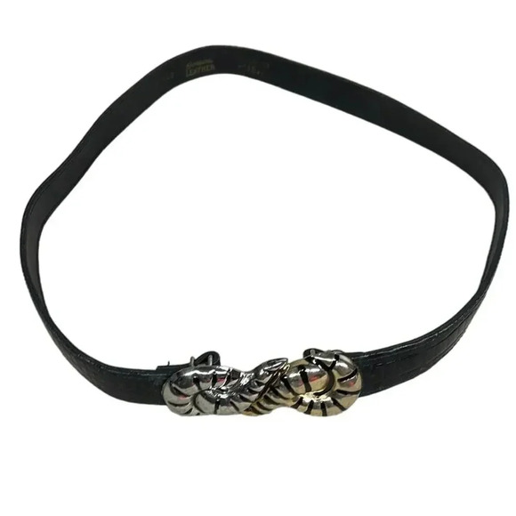 Unique Gold/Silver Shell Motif Buckle Genuine Leather Belt 33 1/2" Long - Picture 1 of 5